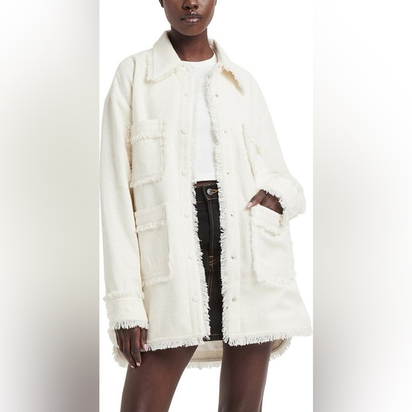 Apparis Callie Tweed Shacket Cream White Tweed Fringe Trim Shirt Jacket Size S